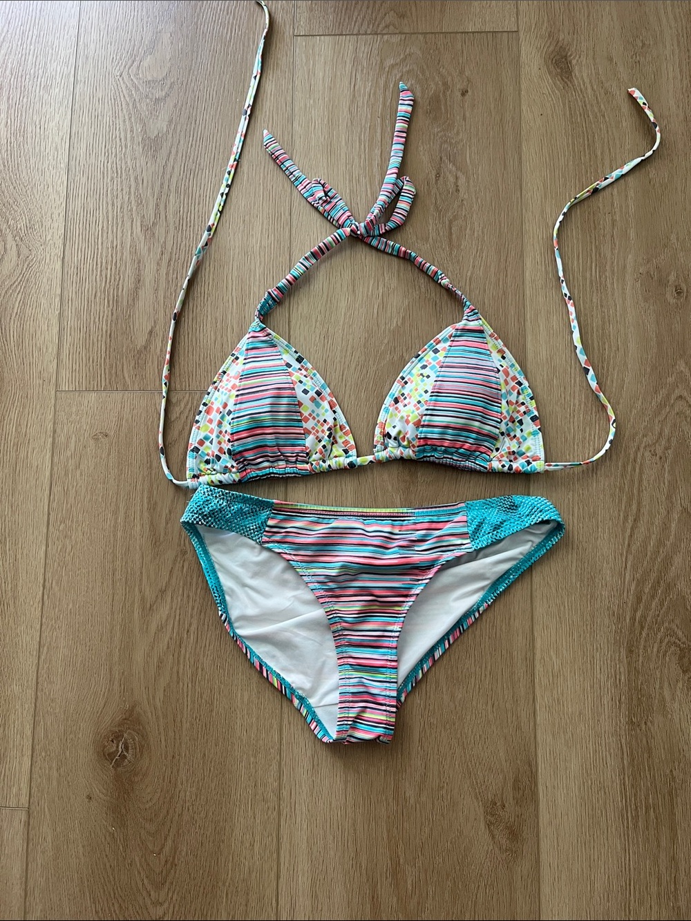 Soybu Multicolor Striped & Confetti Triangle Bikini with Teal Accents